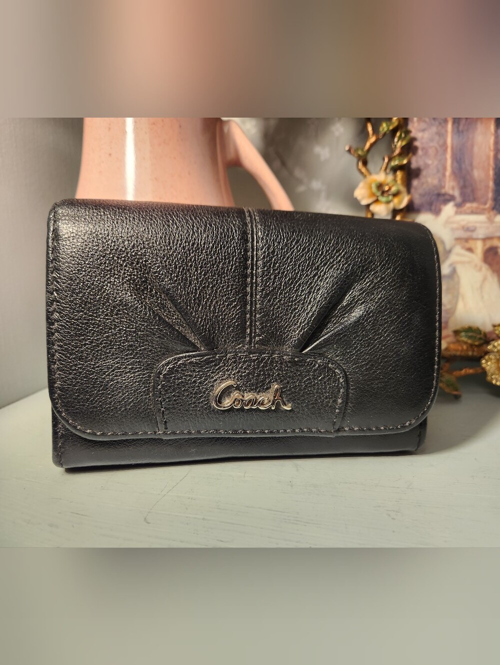 Coach Ashley Black Leather Wallet with Signature Logo Coin Pouch 6x4